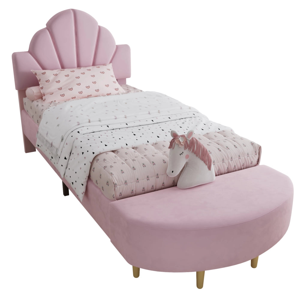 Letto imbottito 90x200 cm con testiera in velluto; panca coordinata e bordi anticolpo rosa