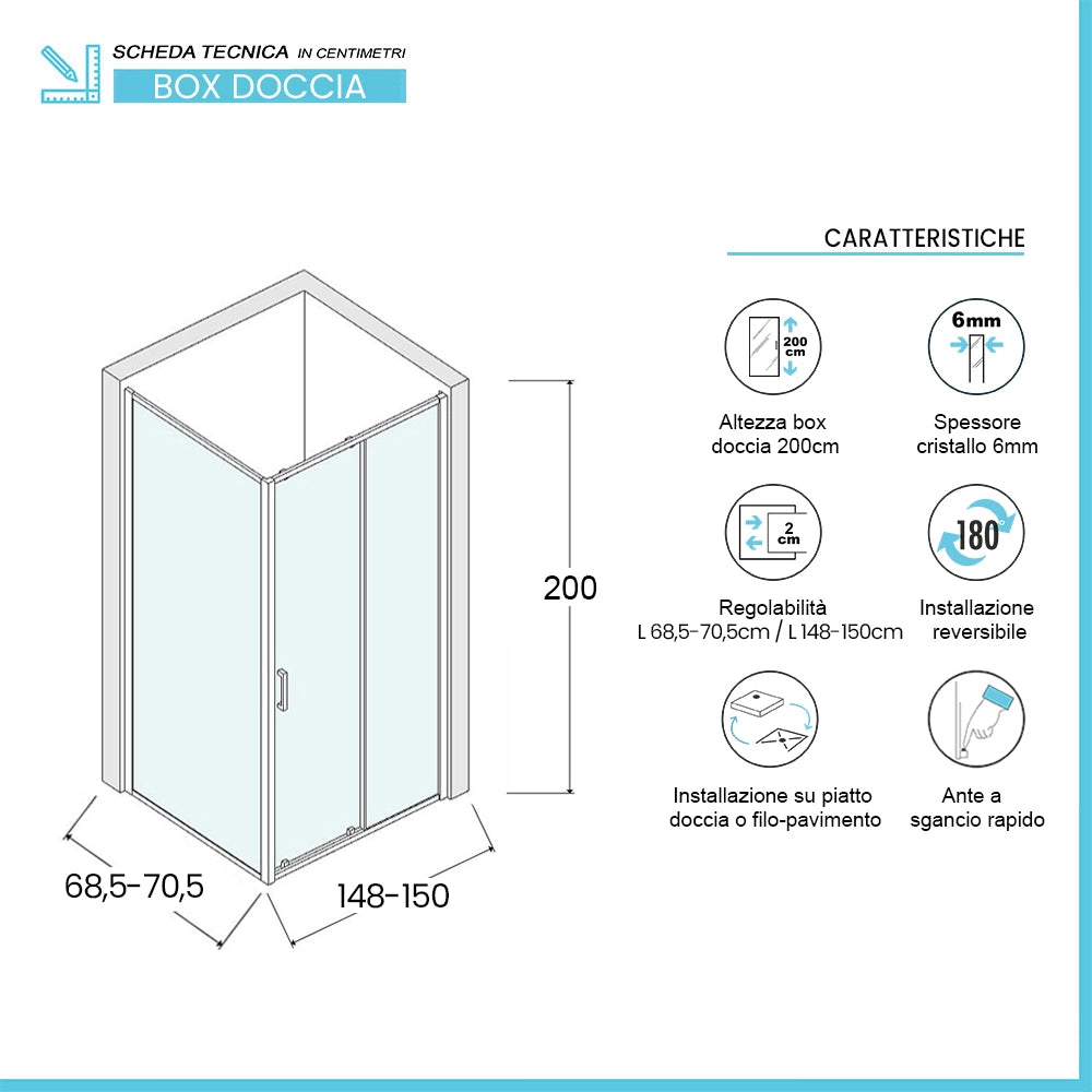 Box doccia angolare 70x150 con porta scorrevole in vetro trasparente Ted