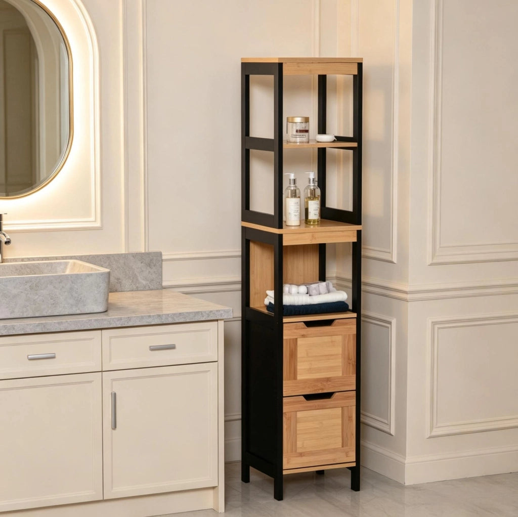 Colonna bagno in bambù e MDF con 3 ripiani e 2 cassetti, 30 x 30 x 144,3 cm
