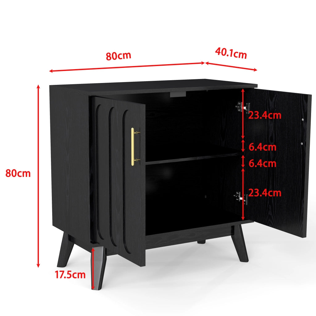 Credenza con ripiani regolabili e presa posteriore in legno e MDF nera
