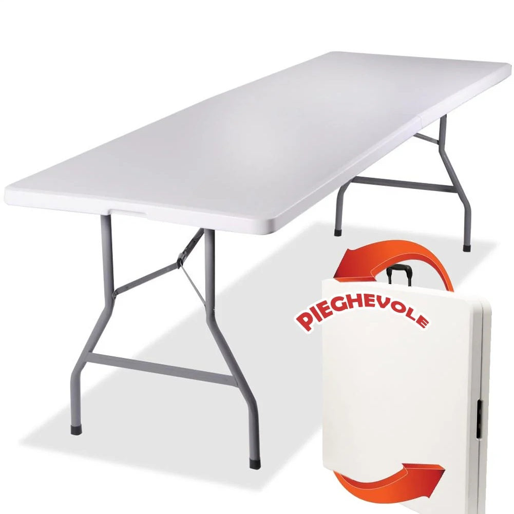 Tavolo Pieghevole in Resina HDPE 183x76 H74cm Richiudibile Salvaspazio Bianco