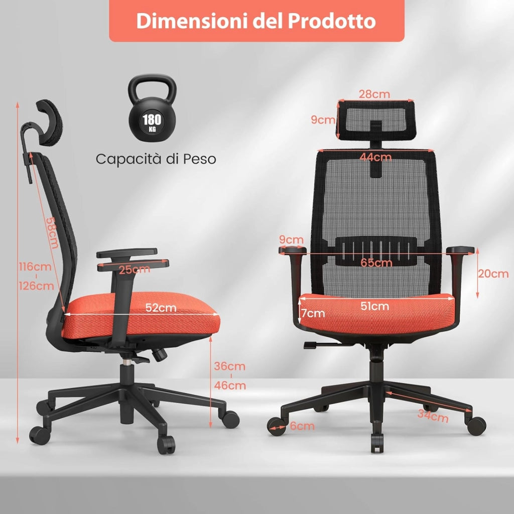Sedia da Ufficio Regolabile in Altezza, Sedia da Scrivania Ergonomica con Schienale Traspirante, Supporto Lombare, Ruote, per Ufficio e Studio, Fino a 180 kg
