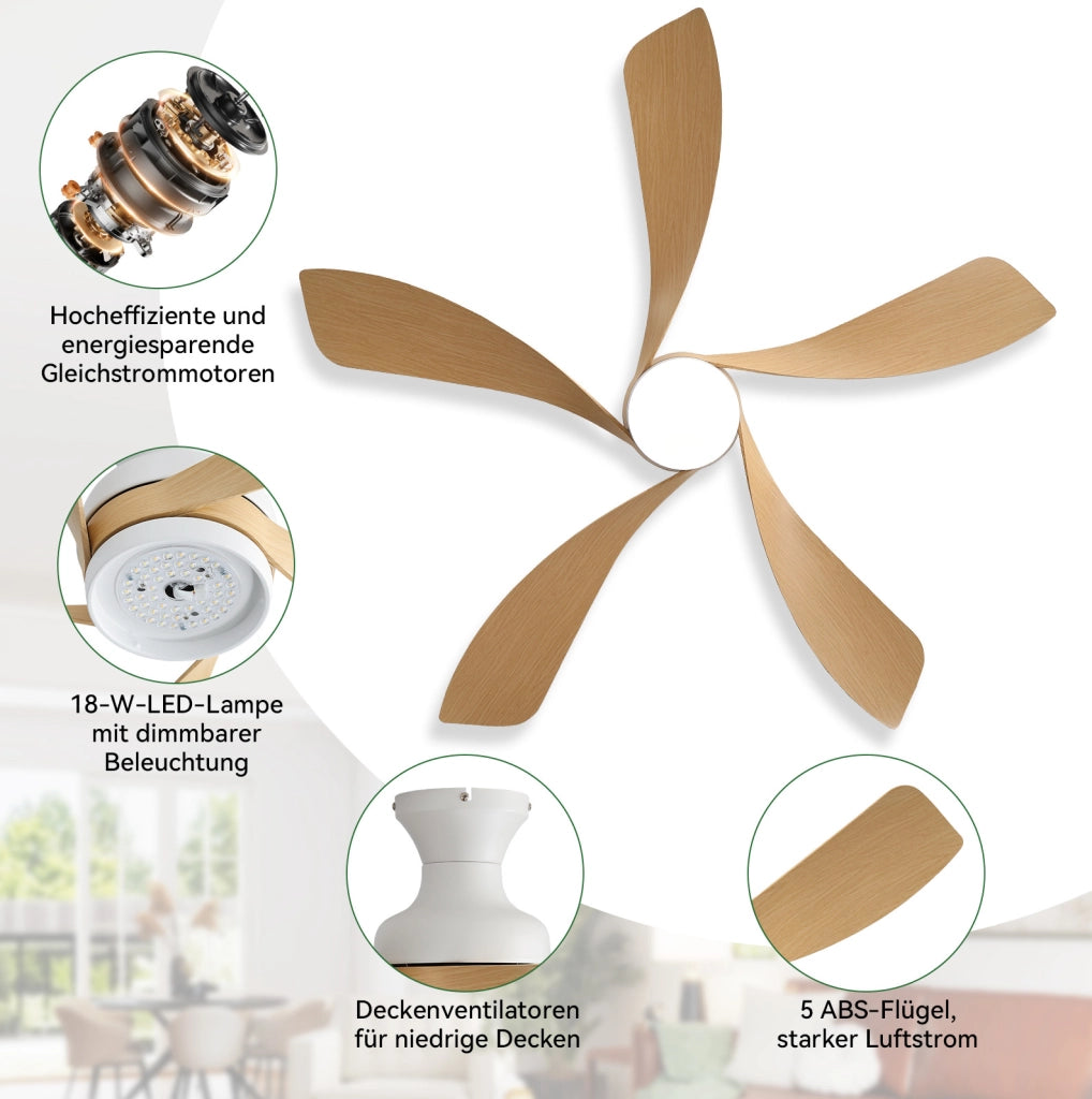 Ventilatore da soffitto con LED dimmerabile; motore DC reversibile e telecomando; bianco