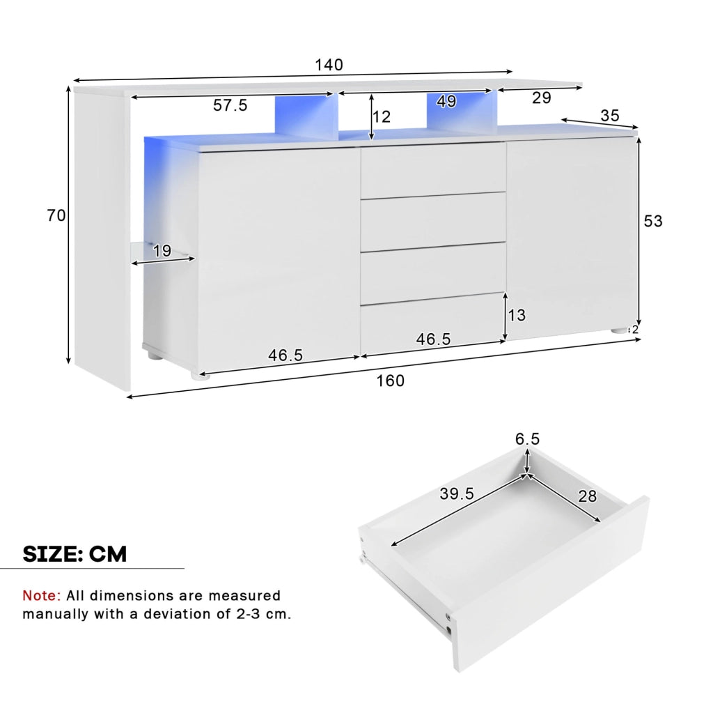 Credenza moderna 160 cm con LED; 4 cassetti; 2 ante e vetro; bianca