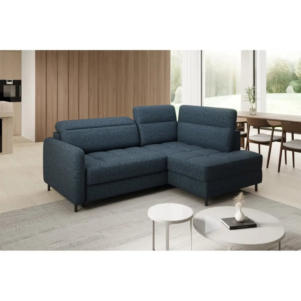 Divano angolare destro convertibile BARNEA 208 cm blu scuro con contenitore