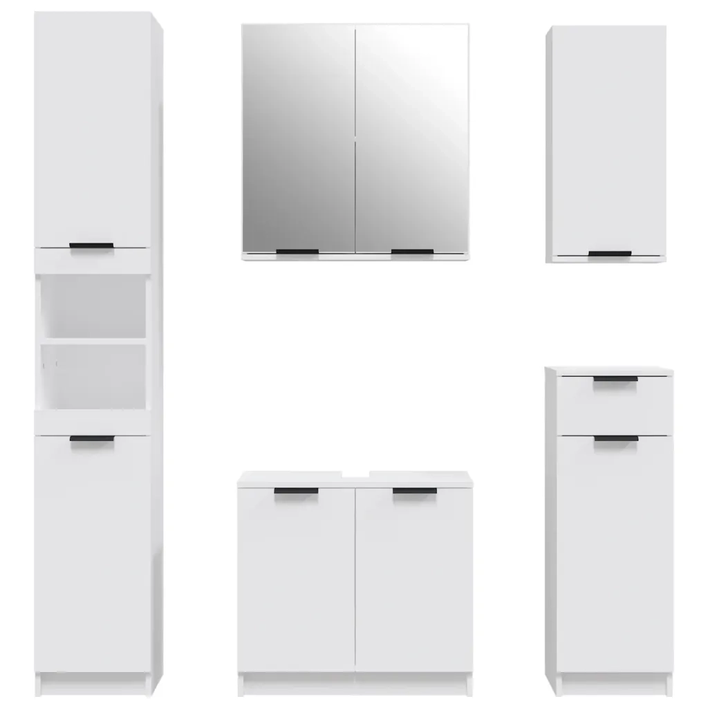 Set di Mobili da Bagno | Armadio da bagno 5 pz Bianco in Legno Multistrato