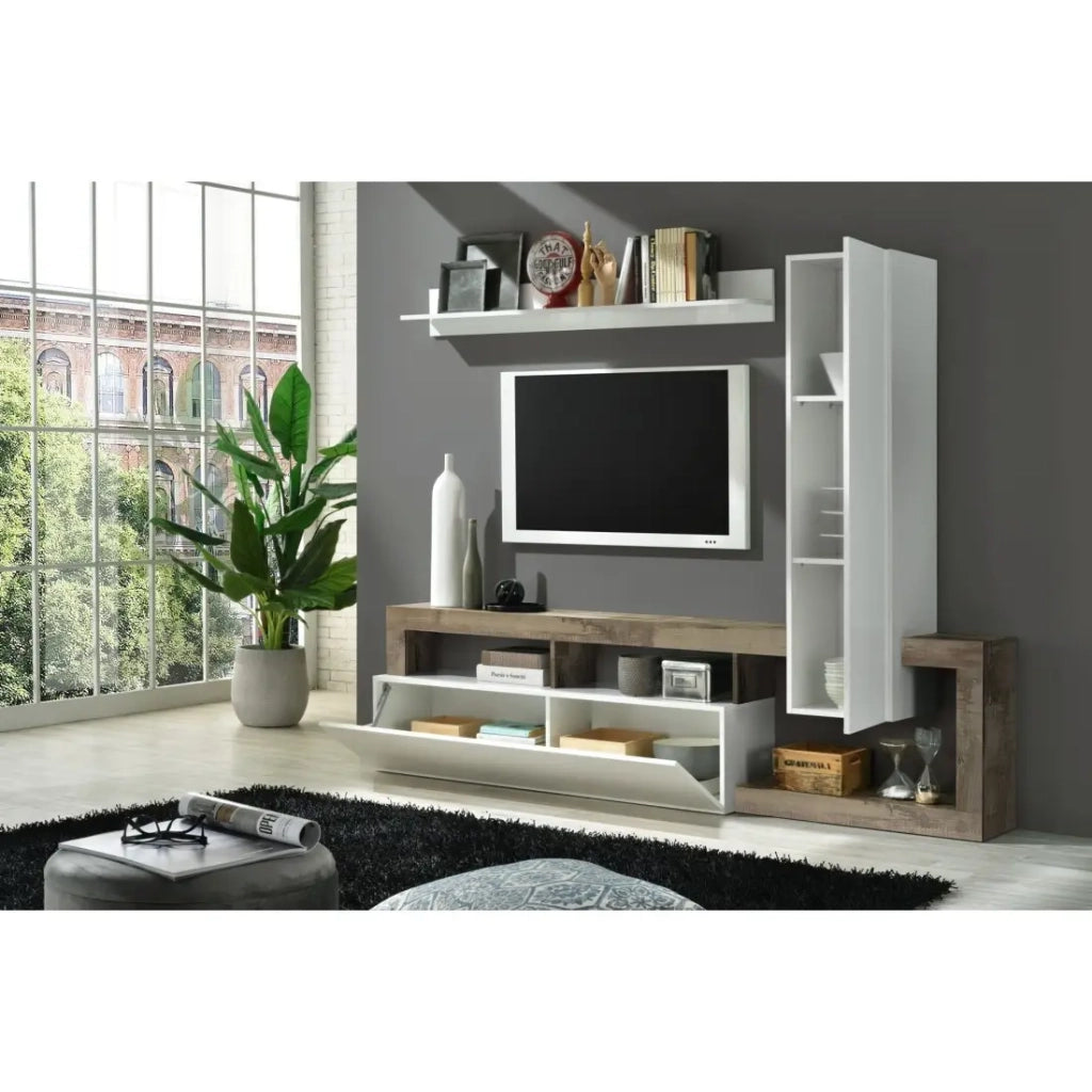 Set mobili soggiorno con contenitori 220 cm, collezione BURA, bianco lucido/rovere chiaro