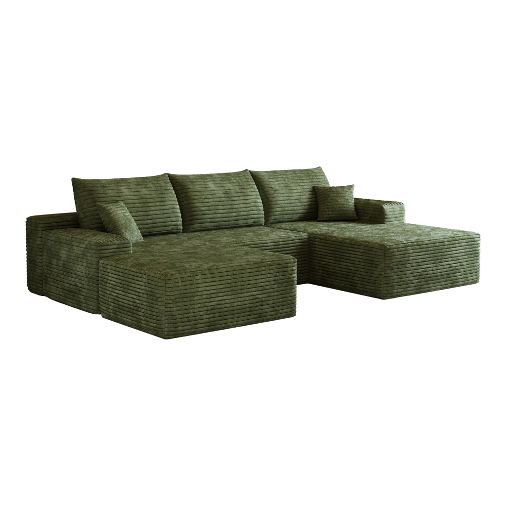 Divano angolare modulare con chaise longue; in tessuto verde