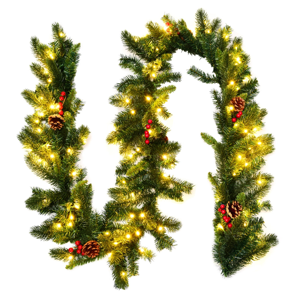 Ghirlanda di Natale di pino illuminata 270cm con 100 luci LED e timer, Ghirlanda artificiale in rattan con pigne-Decorazioni natalizie