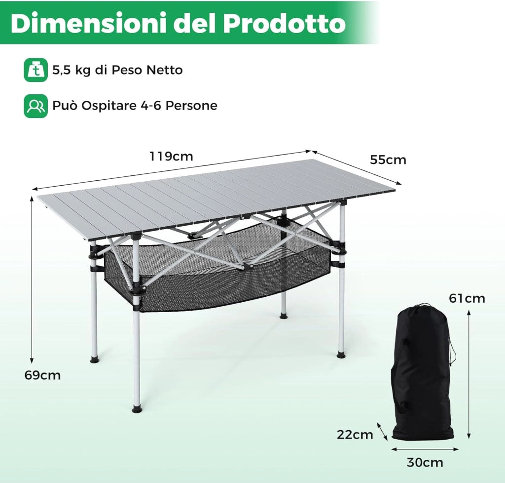 Tavolo da Campeggio Pieghevole in Alluminio, Portatile con Cestello in Rete e Borsa, Portata 100kg per Giardino Spiaggia Pesca (Argenteo)