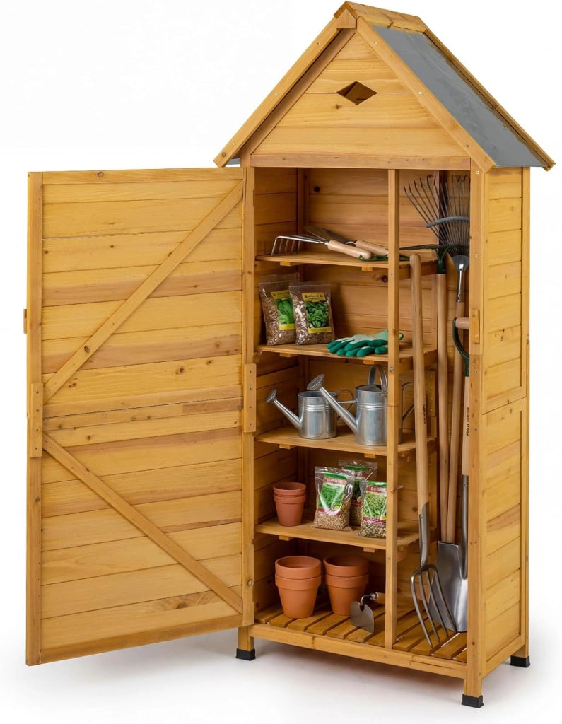 Armadio da Esterno in Legno, Casetta da Esterno con Ante, Ripiani Rimovibili, Serrature e Tetto Inclinato, Armadietto Versatile da Giardino, Balcone e Cortile (81 x 46 x 174 cm)