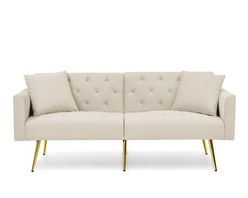 Divano a 2 posti con schienale regolabile a 3 posizioni, 2 cuscini, gambe in metallo, velluto, beige