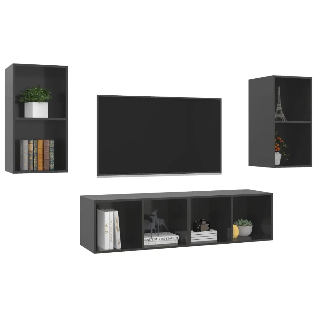 Mobile TV a Parete 4 pz Grigio Lucido in Truciolato 3079879