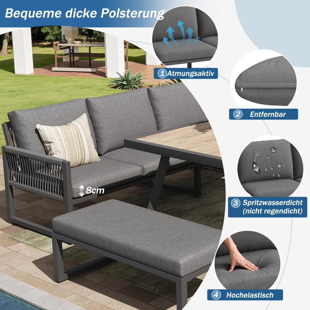 Set mobili giardino: Divanooo esterno 6-7 persone; lounge + tavolo pranzo; polyrattan; resistente intemperie
