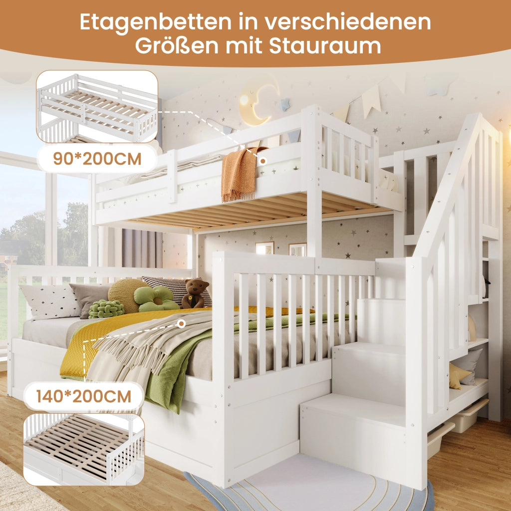 Letto a castello 2 posti con scala contenitore; vano idraulico e sponde di sicurezza; senza materasso 90×200 cm e 140×200 cm