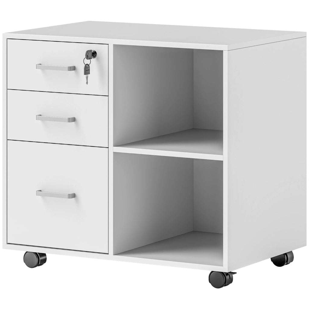Cassettiera da Ufficio con 3 Cassetti, Ruote e Serratura ¨C Zephmum ¨C Bianco 60x40x56 cm