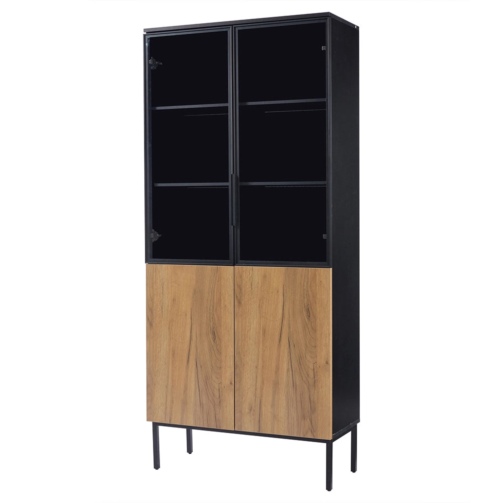 Armadio vetrina con illuminazione LED - Xylo - 180 cm - Nero/Quercia - 5 ripiani in vetro per collezioni