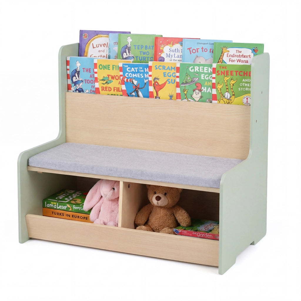 Panca portagiochi a due posti con portariviste a due ripiani 2 scomparti aperti e cuscino seduta rimovibile, Cassapanca per bambini Verde