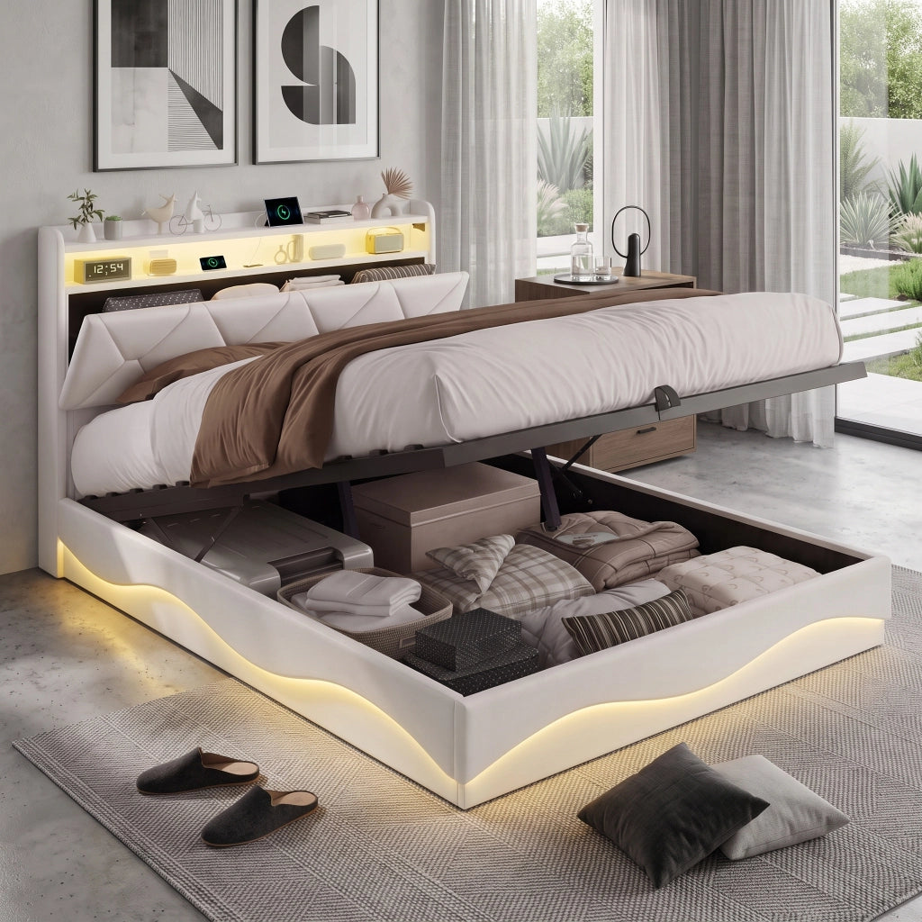 Letto una piazza e mezza 140x200 cm con contenitore LED USB Type-C testiera rete a doghe tessuto - beige