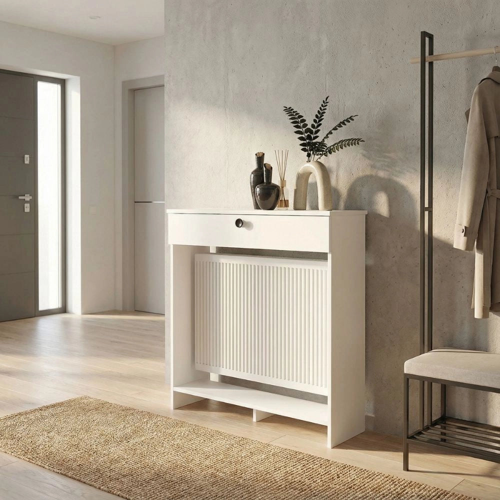 Consolle Copri Termosifone Opelya 90 cm Bianca con Anta a Ribalta – Design Salvaspazio