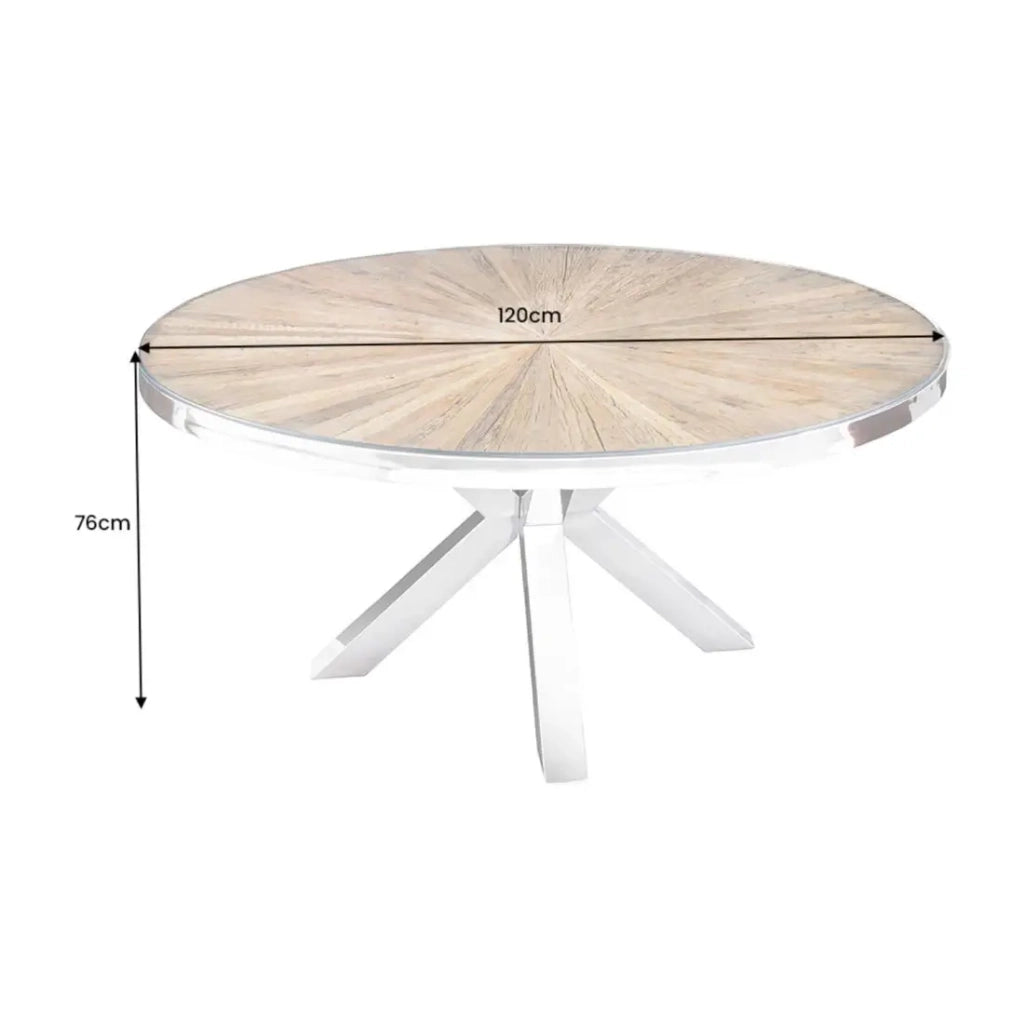 Tavolo da pranzo RAFTA – Legno di teak e vetro temperato – Piede cromato – 120 cm – Rotondo – Stile contemporaneo