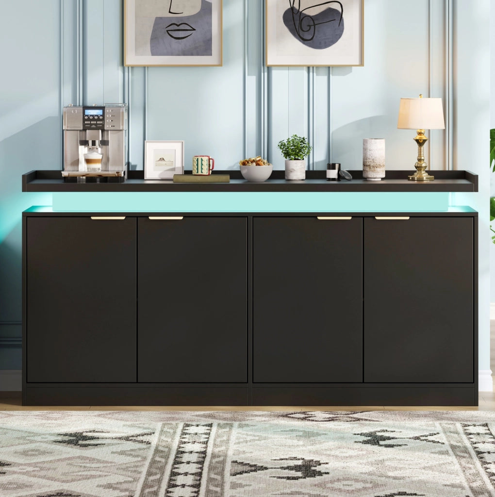 Credenza con LED RGB; ripiani aperti e vani chiusi in MDF; 160 x 39 x 83 cm; nera