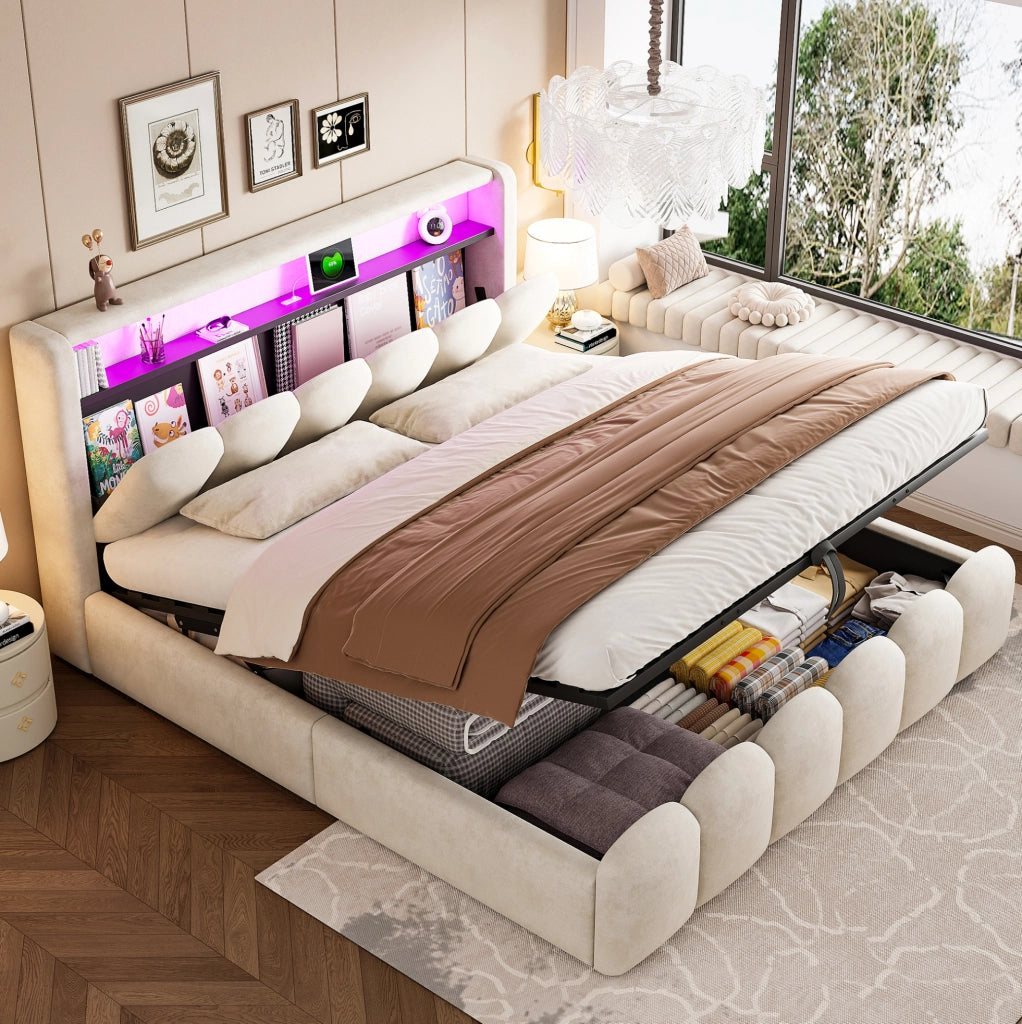 Letto imbottito 180x200 cm con contenitore; LED e USB in velluto beige
