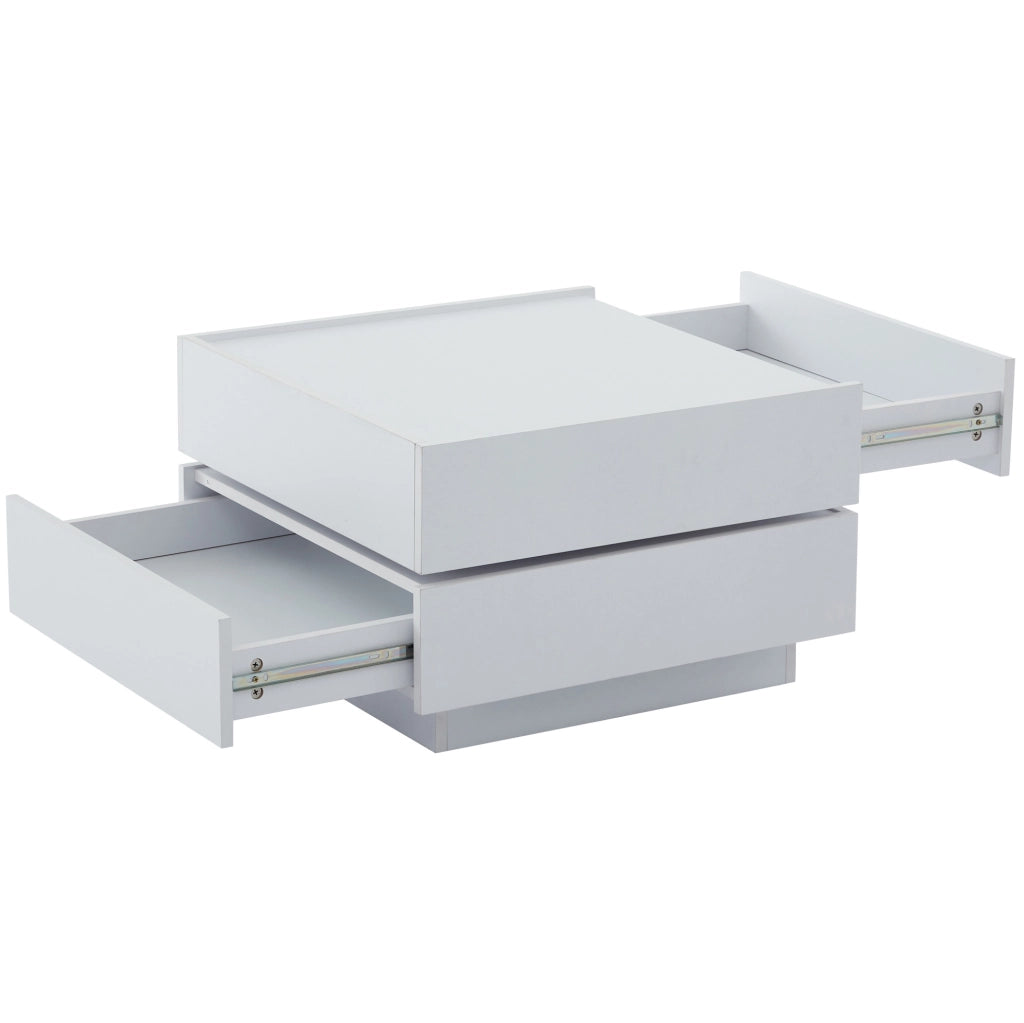 Tavolino da salotto girevole 360° 60 x 60 x 38 cm in truciolare bianco; con 2 cassetti