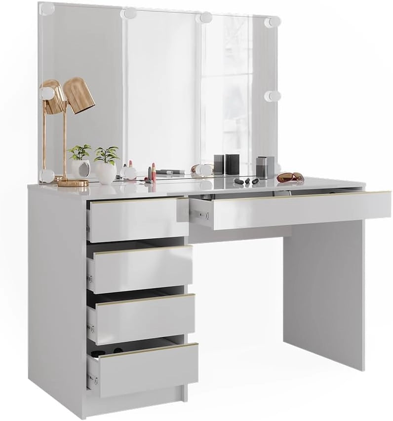 Tavolo da toilette Sherry, Bianco/Oro, 120 cm con illuminazione a LED, con illuminazione LED e grande specchio rettangolare