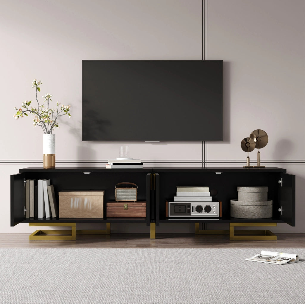 Mobile TV 160 cm nero con 4 ante, ripiani e gambe dorate regolabili