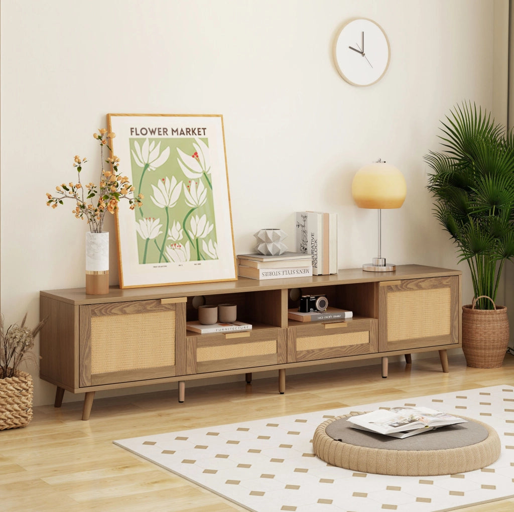 Mobile TV in rovere 200×37×49 cm con rattan sintetico e 2 cassetti