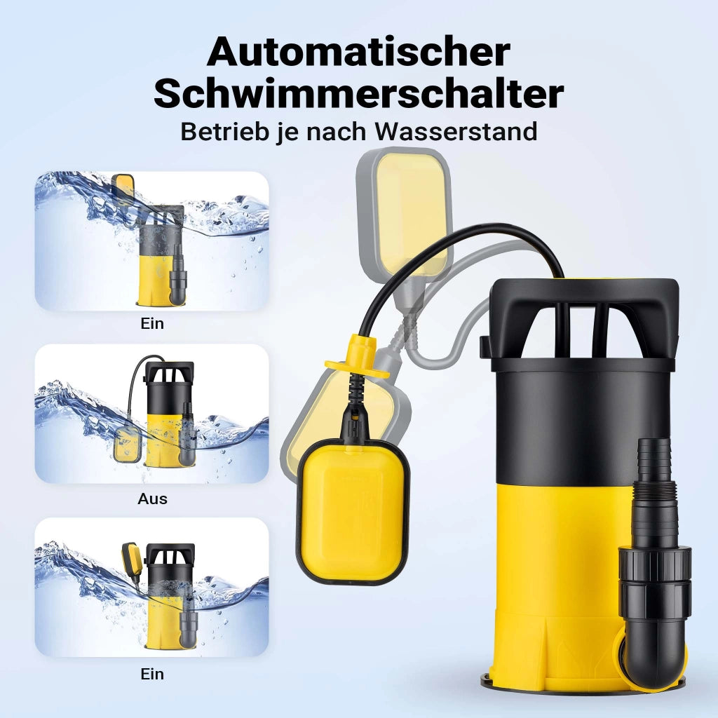 Pompa sommersa ad aspirazione piatta 3in1 750 W, portata 14000 l/h, per acque chiare e scure, con galleggiante e termoregolazione, per cantine, stagni, piscine, pozzi