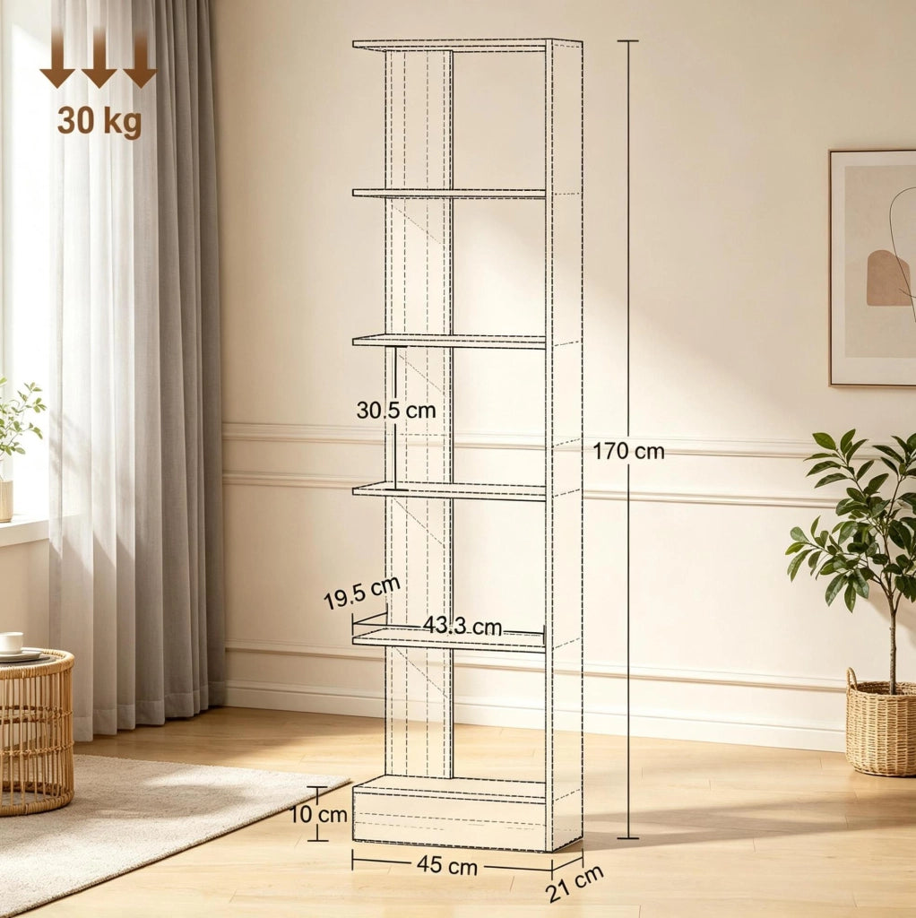 Libreria a 5 Ripiani Aperta in Truciolare Nero e Rovere, 45 x 21 x 170 cm