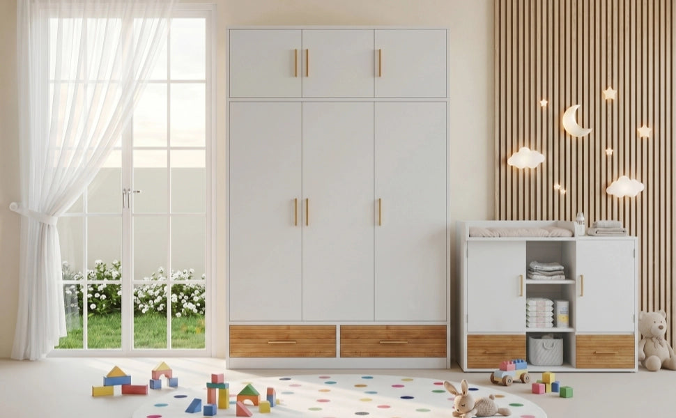 Armadio a 3 ante con vani superiori, asta appendiabiti e 2 cassetti, 120x50x180 cm, bianco