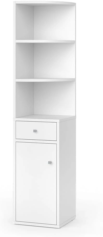 Scaffale d'angolo Larry, Bianco, 30 x 135.5 cm con anta e cassetto, per riporre libri e decorazioni negli angoli
