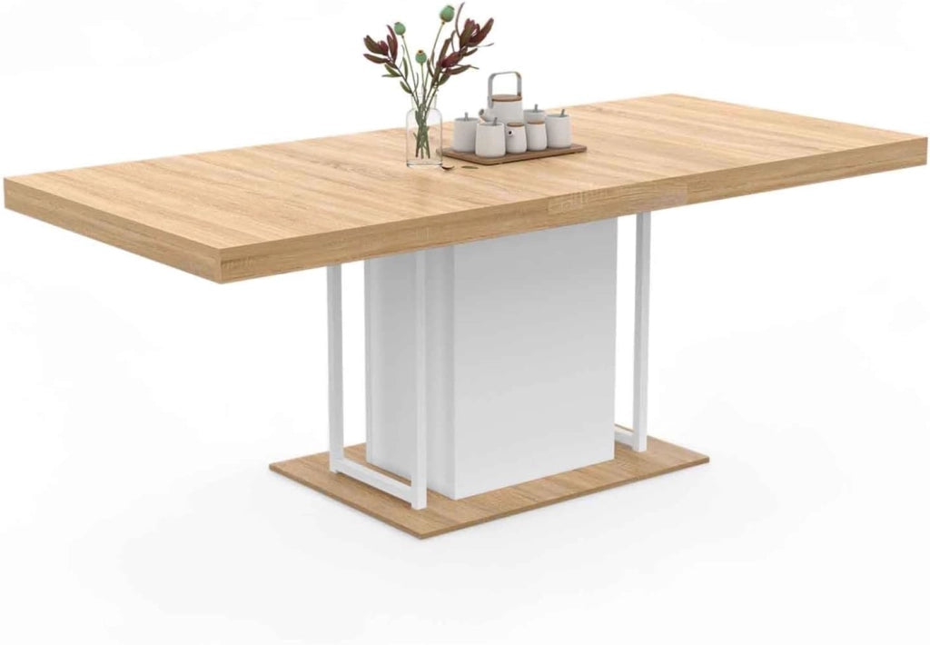 Mesa de comedor extensible UGO 6-10 personas haya y blanco 160-200 cm diseño industrial