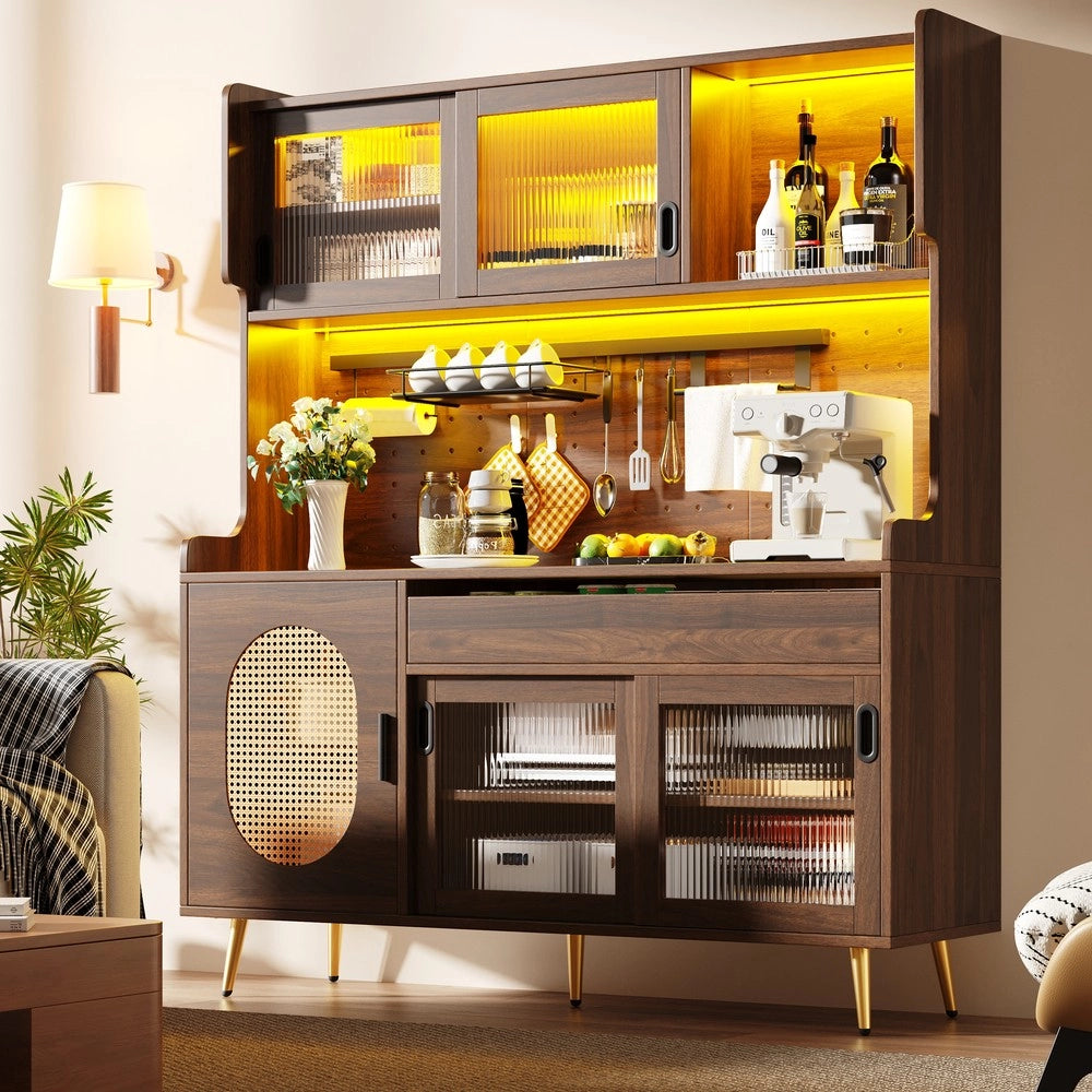 Credenza con LED ¨C Xylo ¨C Legno Marrone/Nero, 5 Ante Vetro, 145x39x171
