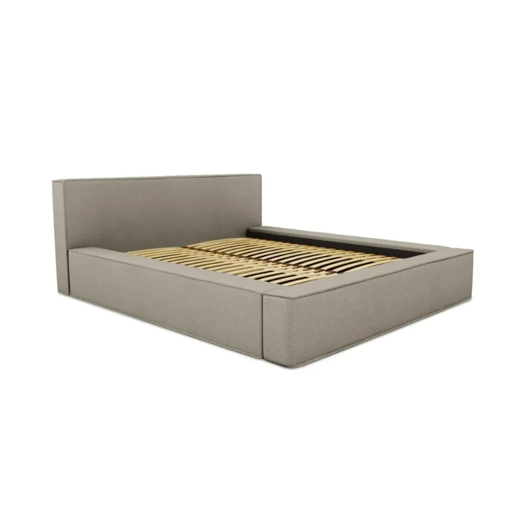Letto contenitore VELORA – Lino naturale bouclé – 140x200 cm – Tessuto effetto lana – Rete sollevabile – Contenitore integrato