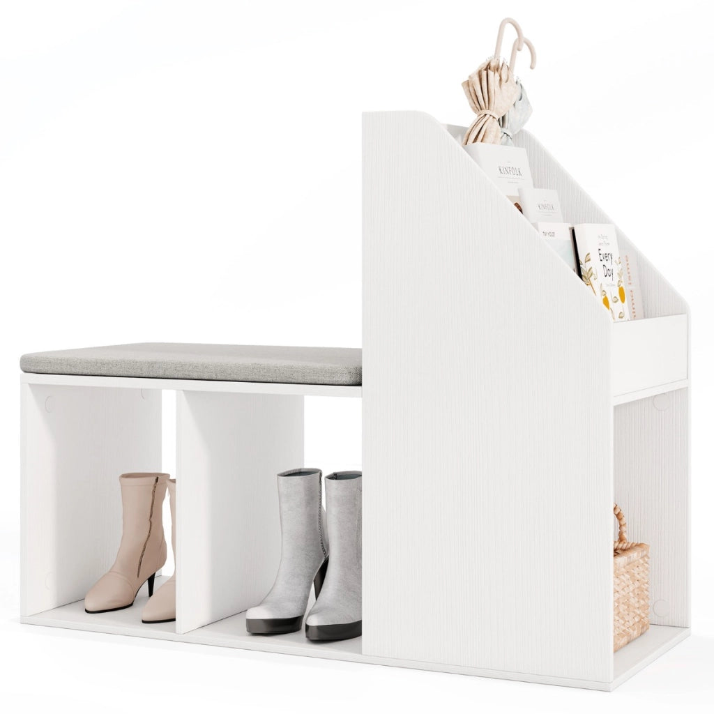 Panca per scarpe con cuscino rimovibile, Panca per ingresso con 3 cassetti inferiori e 3 scomparti laterali Bianco-Scarpiere