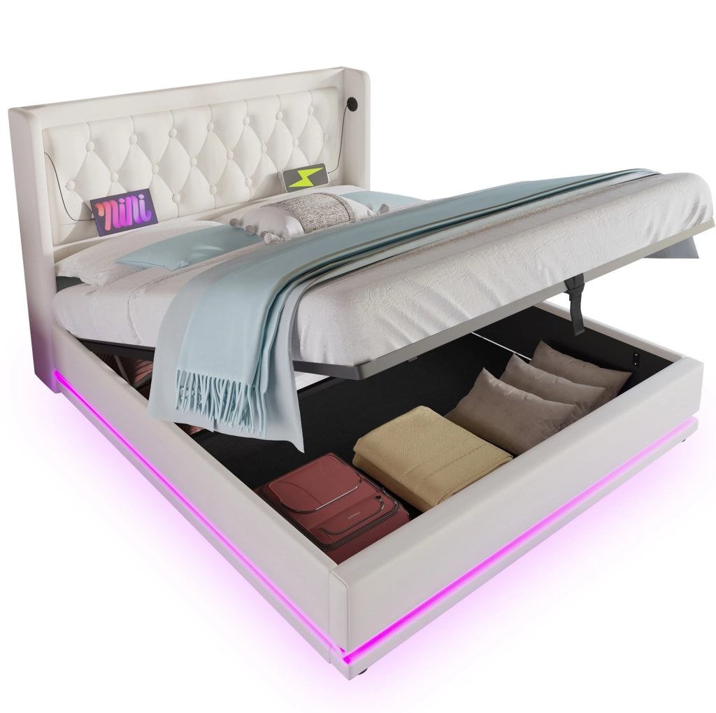 Letto contenitore 140x200 cm bianco in PU con LED, ricarica USB-C e materasso H3