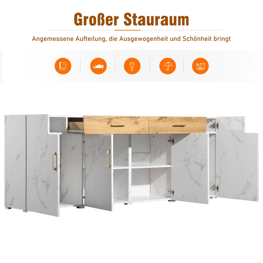Credenza con 4 ante e 2 cassetti; 4 ripiani - per soggiorno - in truciolare e PVC - 208×39.5×80 cm - bianca