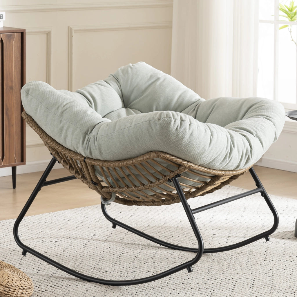 Sedia a dondolo in chenille con struttura ergonomica e base metallica, per salotto e camera azzurro chiaro