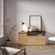 Credenza, Mobile, 150x35x75cm, 3 Porte, grande stoccaggio, colore Rovere e nero RF2520