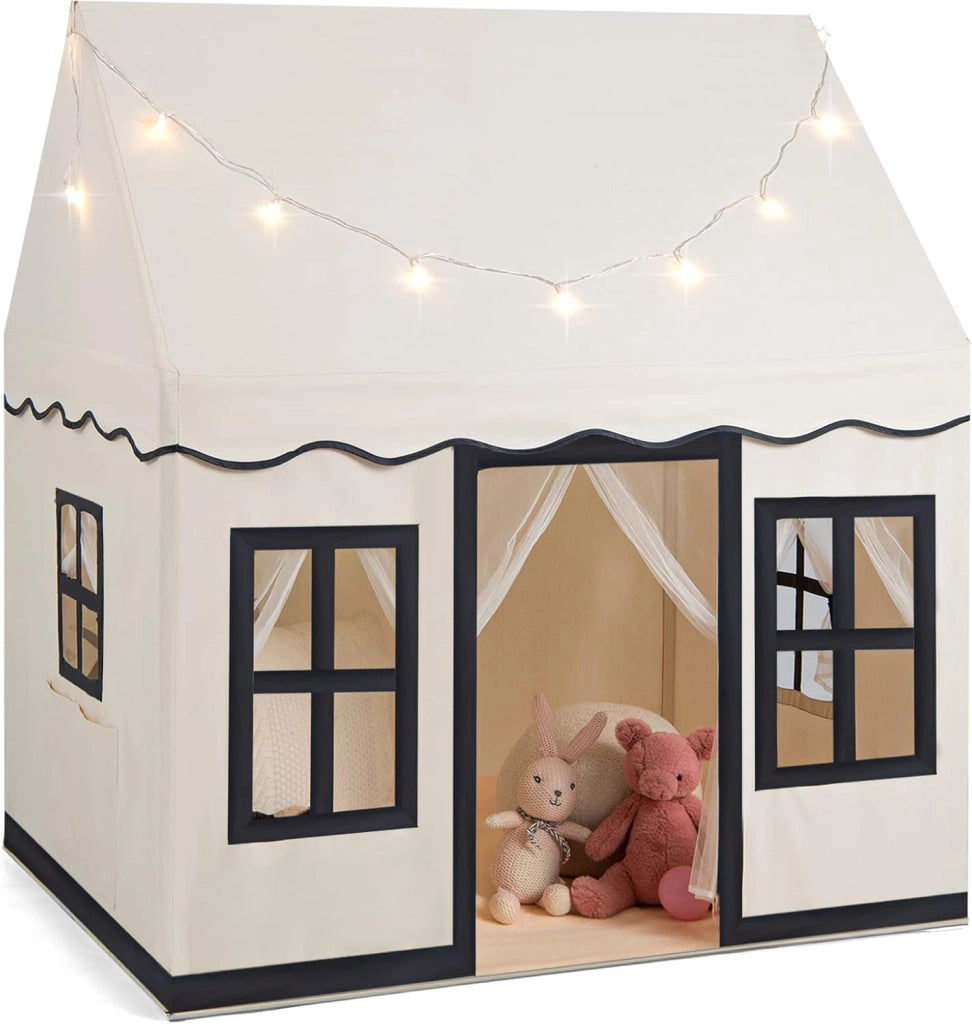 Tenda da Gioco per Bambini con Luci a Stella, Tappetino in Velluto Lavabile e Antiscivolo, Finestre e Tende a Rete, Ideale per Interni ed Esterni per Bambini 3 Anni + (Beige)