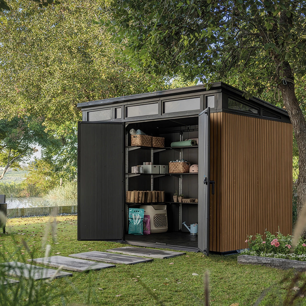 Pent 9x7 - Casetta da Giardino 279x226x218 cm 2 Ante per deposito attrezzi finitura effetto legno Evotech+ in Resina Marrone e Nero