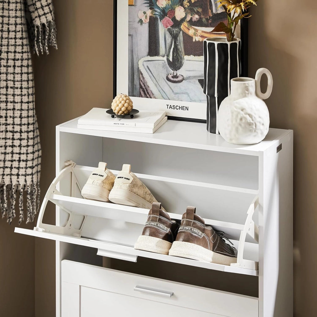 Scarpiera Salvaspazio Slim Scarpiera Ingresso a 2 Ribalte - Design Compatto Moderno + Capacità 12 Paia + Adatta a Corridoi Stretti - Bianco 60x25x80cm FSR137-W