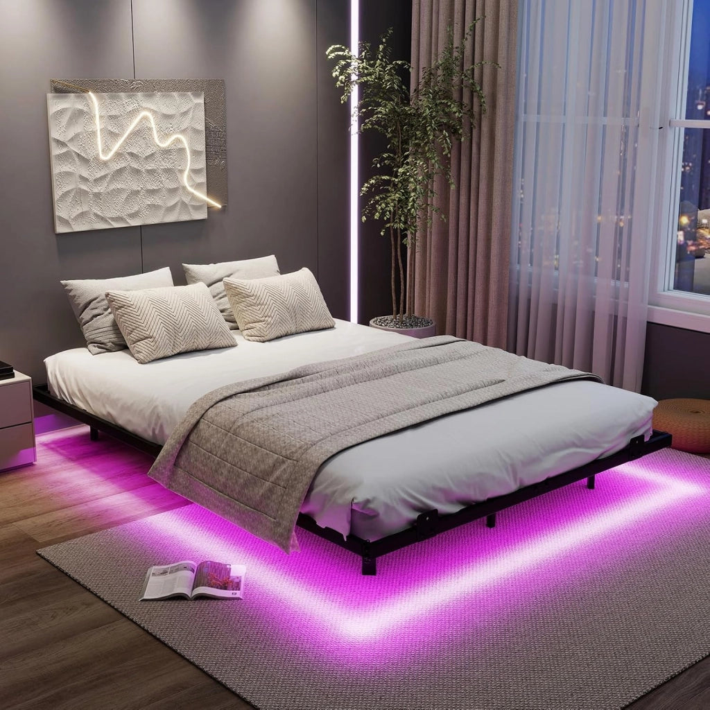 Telaio Letto Galleggiante, Letto Matrimoniale 140 x 200 cm in Metallo con Luci LED Fissaggio per Materasso, Doghe Resistenti a Carico Pesante, Carico 400 kg