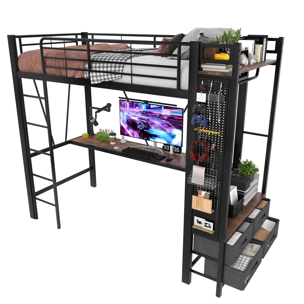LETTO SOPPALCATO 90x200 cm Nero con scrivania, LED e USB TYPE-C