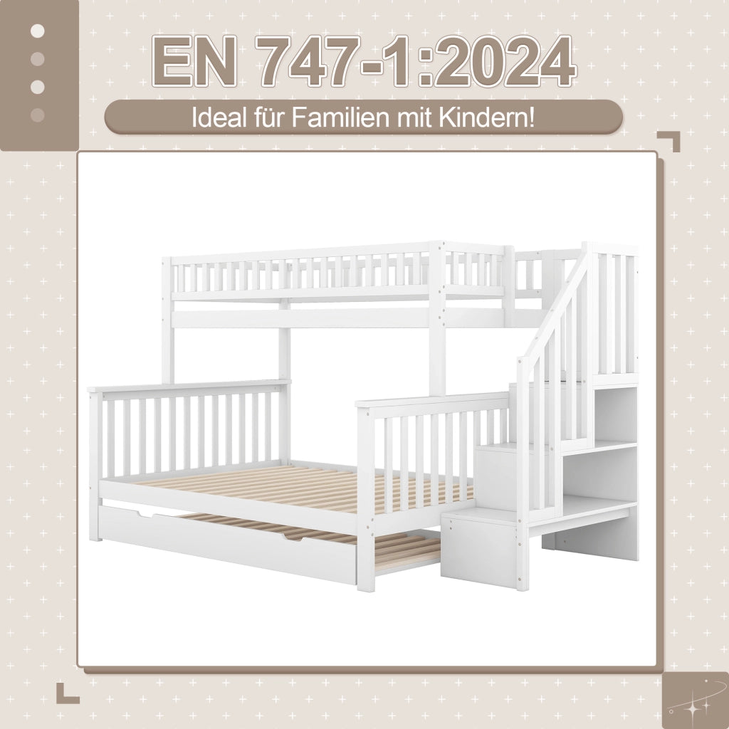 DESMIU Letto a castello 3 posti con letto estraibile, vani portaoggetti e scala, 90 × 200 e 140 × 200 cm, senza materasso