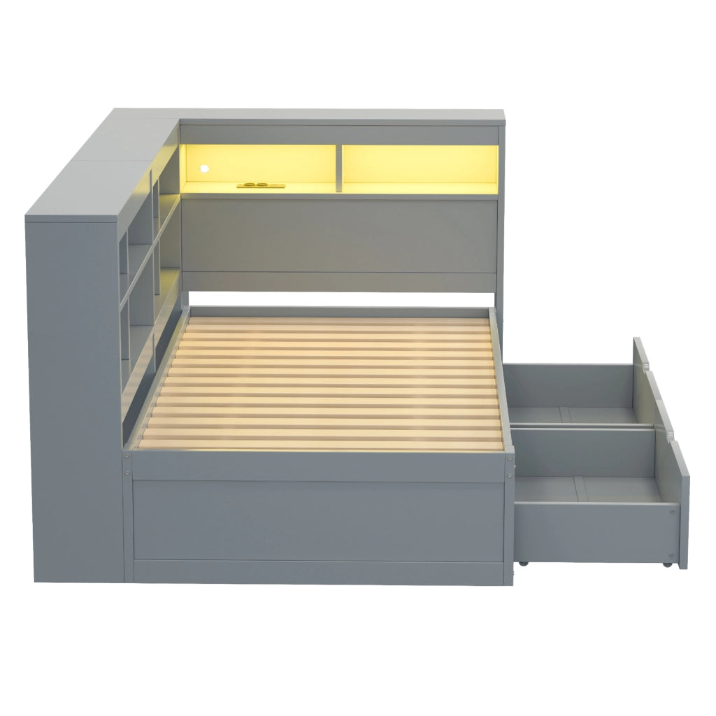 Letto singolo 90x200 cm con cassetti, USB e LED in pino, compensato e MDF grigio